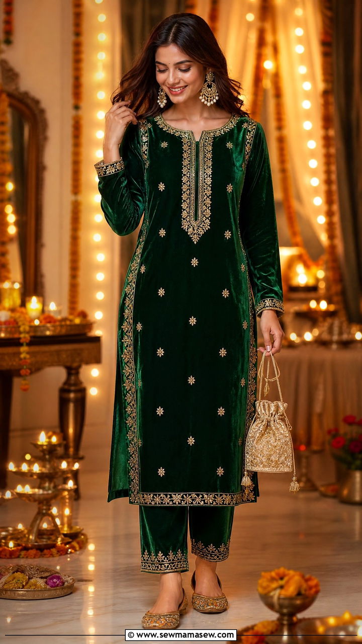 Velvet Embroidered Kurta Coord Set - 30 Coord set outfit ideas for festival