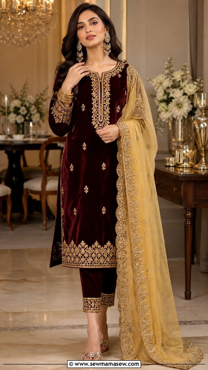 Velvet Evening Suit With Gold Jewelry - 20 April Eid outfit ideas