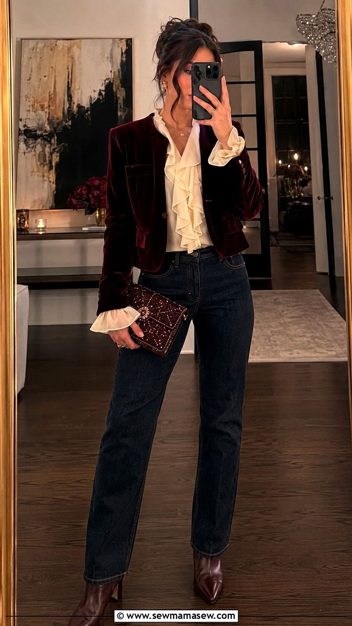 Velvet Jacket and Ruffled Blouse Outfit - 25 2026 outfits ideas