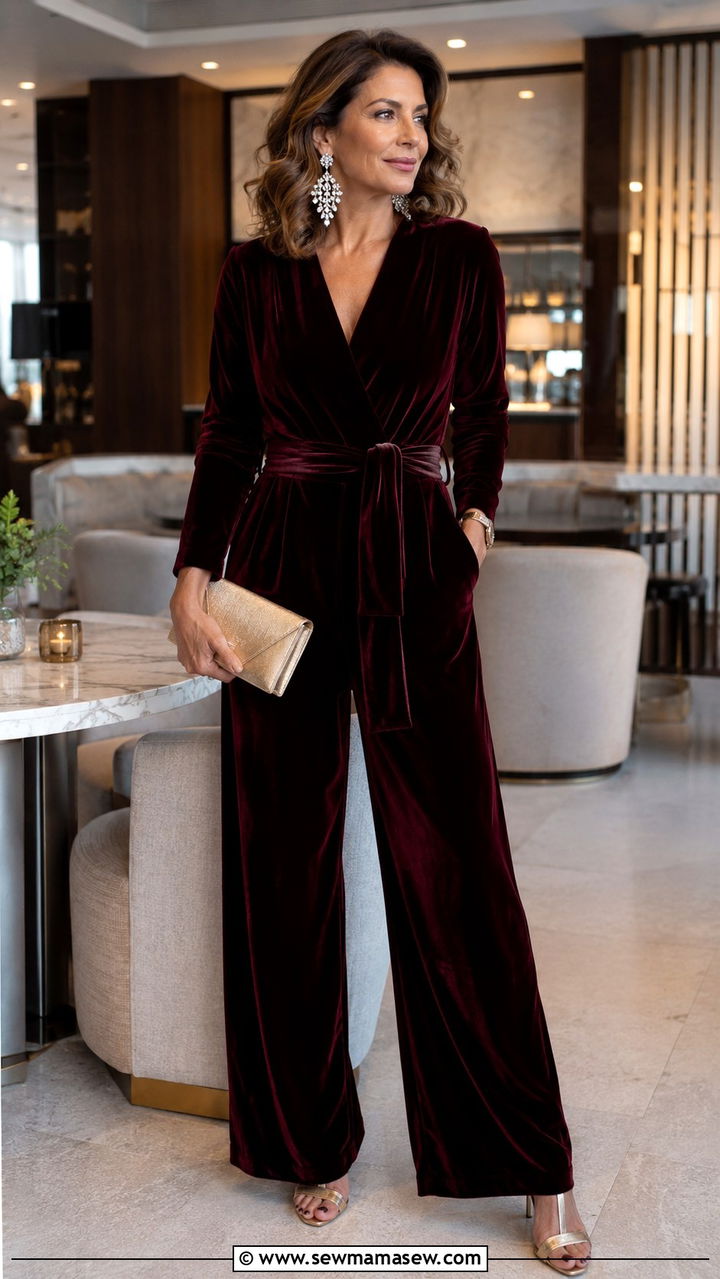 Velvet Jumpsuit With Statement Earrings - 30 romantic outfit ideas for women over 40