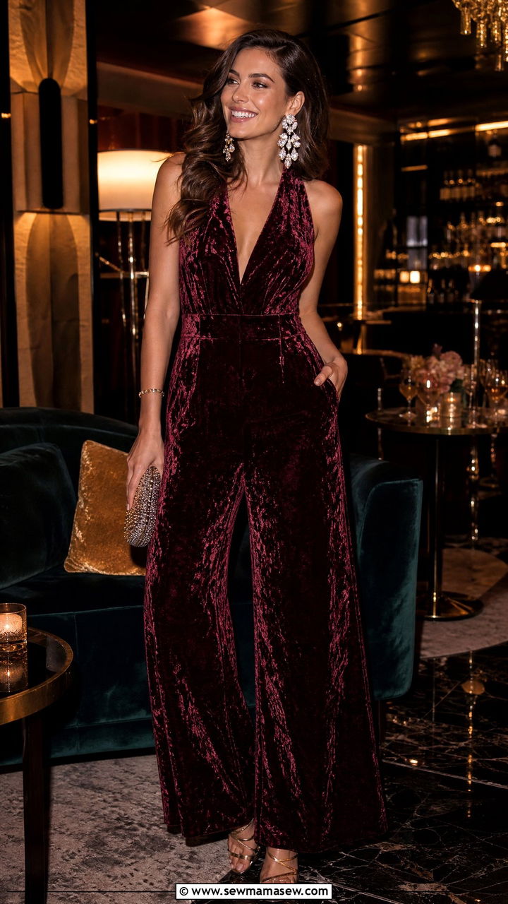 Velvet Jumpsuit With Statement Earrings Outfit - 30 bridal shower outfit ideas for women