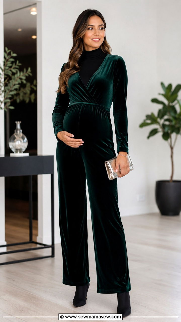 Velvet Jumpsuit with Ankle Boots - 30 classy baby shower outfit ideas