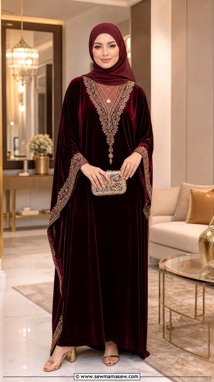 Velvet Kaftan With Gold Accessories - 30 Eid outfit ideas for hijabis