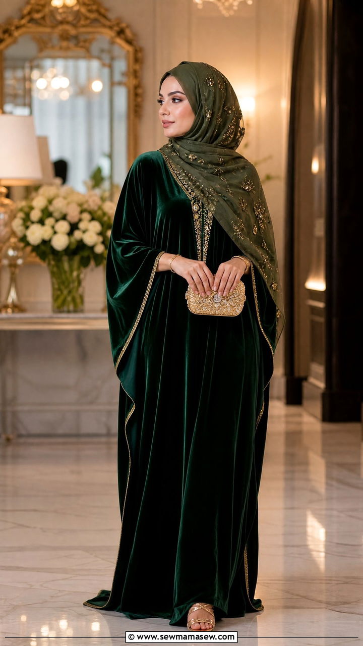 Velvet Kaftan with Embellished Silk Hijab - 30 Eid outfit ideas with hijab
