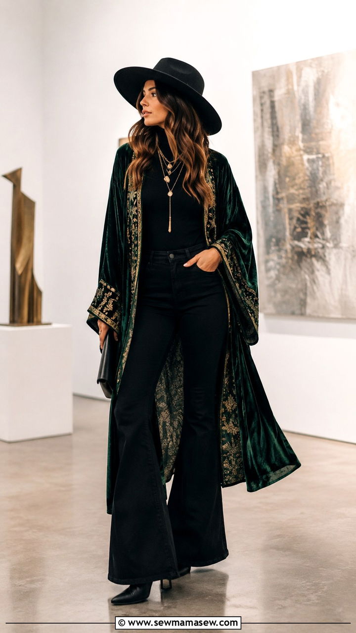 Velvet Kimono And Flare Pants With Wide Brim Hat - 25 Boho outfit ideas with wide brim hat