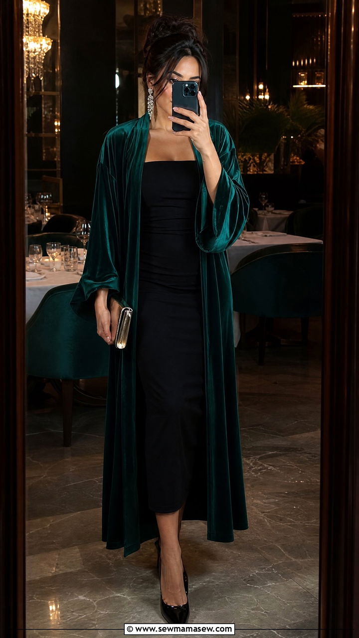 Velvet Kimono Cover Up With Evening Dress - 25 Kimono cover up outfit ideas