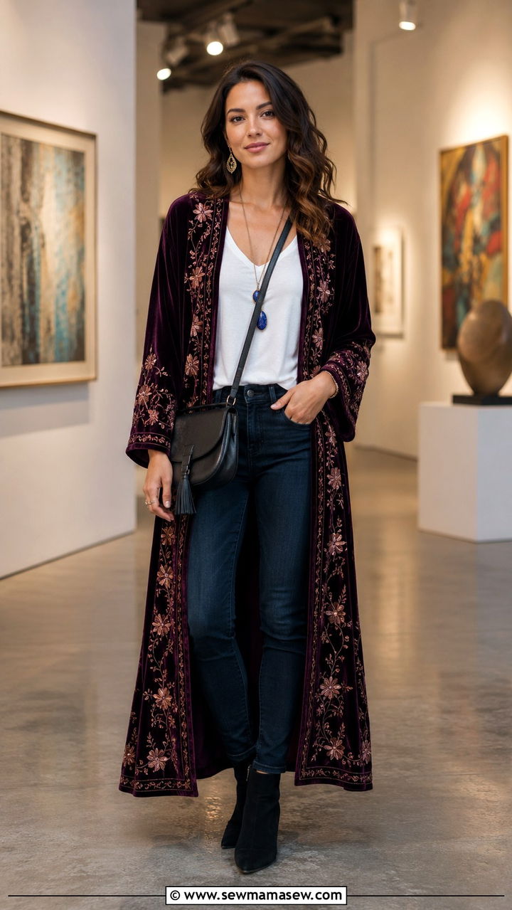 Velvet Kimono With Dark Denim And Booties - 30 boho capsule wardrobe outfits