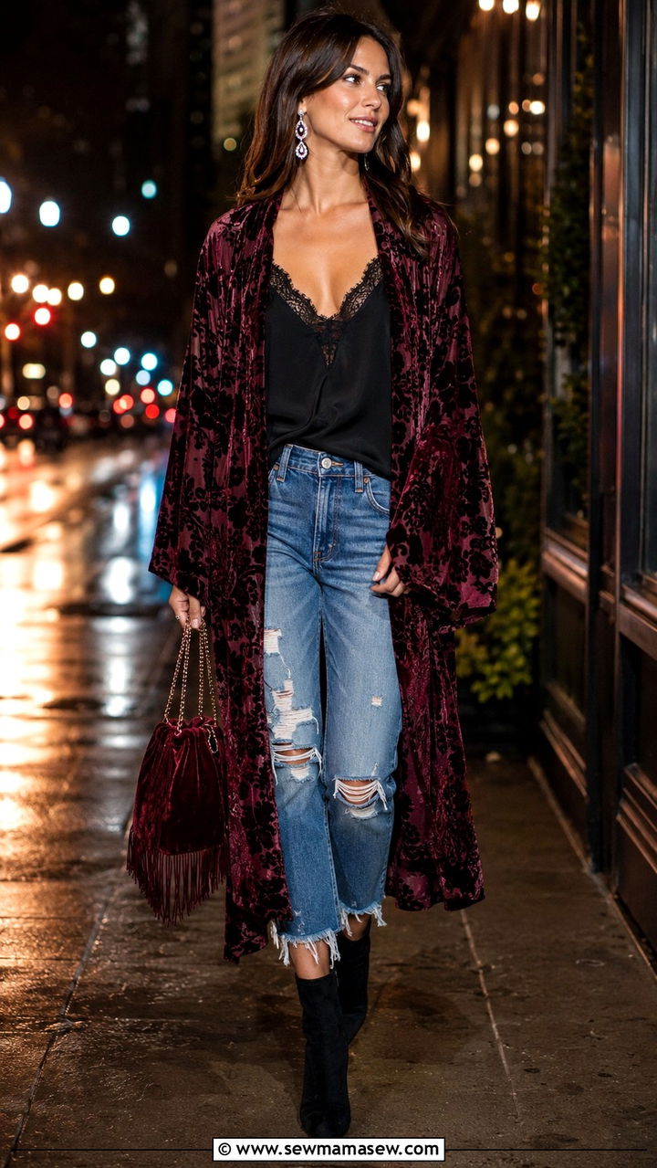 Velvet Kimono With Lace Cami And Distressed Denim - 30 Bohemian wardrobe essentials
