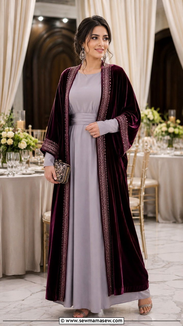 Velvet Kimono With Long Sleeve Maxi Dress - 30 Modest outfit ideas boho