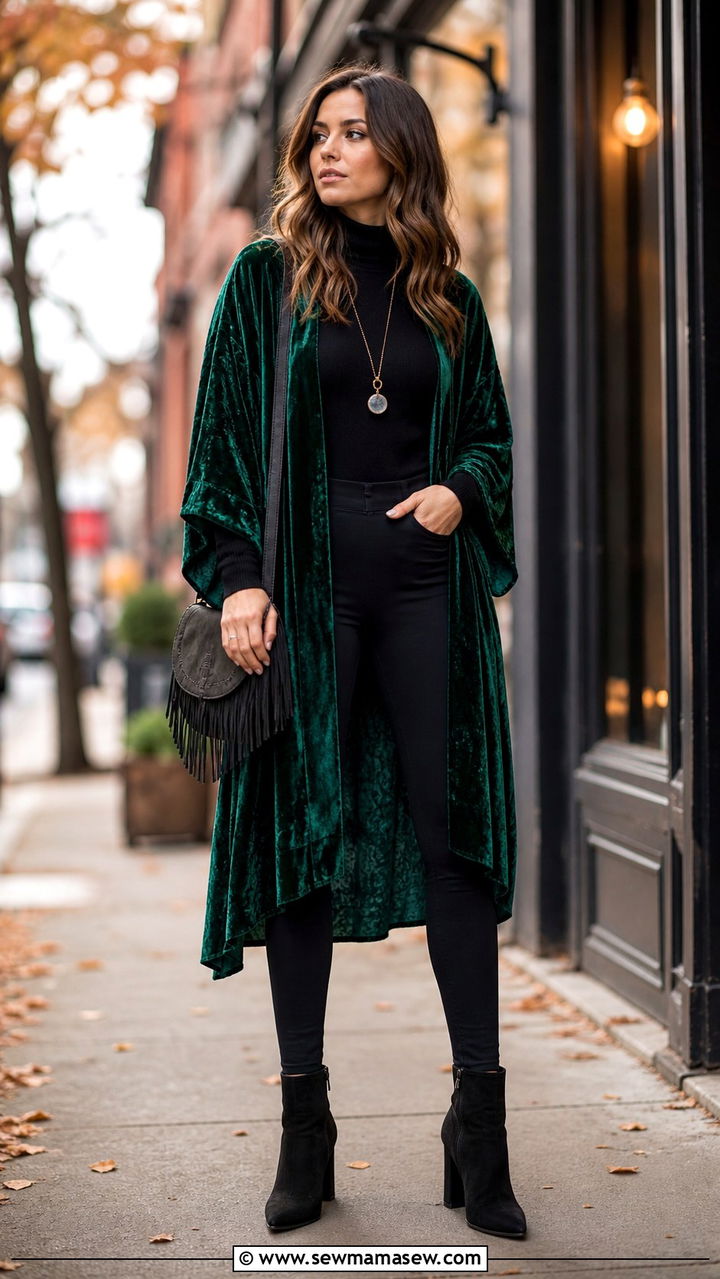 Velvet Kimono and Leggings Outfit - 25 Boho outfit ideas with kimono