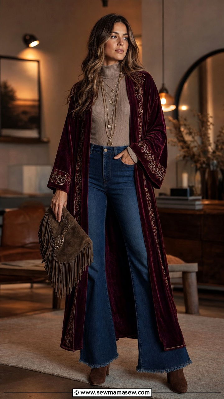 Velvet Kimono with Flared Jeans and Ribbed Turtleneck - 35 casual boho outfits