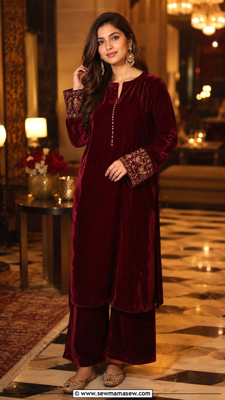 Velvet Kurta Palazzo Winter Set - 30 Palazzo pants matching set outfit ideas