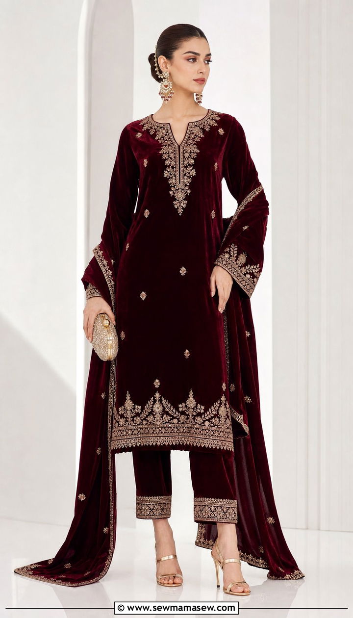 Velvet Kurta Set With Straight Pants - 25 Eid outfit ideas Indian