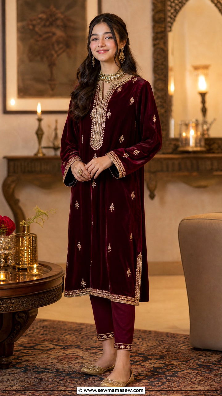 Velvet Kurta With Cigarette Pants - 30 Eid outfits for girls
