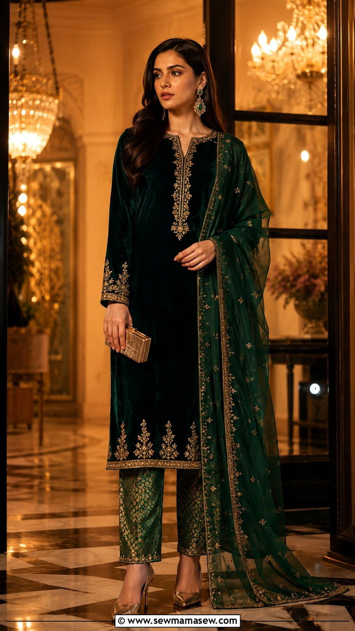 Velvet Kurta With Jacquard Trousers - 20 Modest outfit ideas for Pakistan