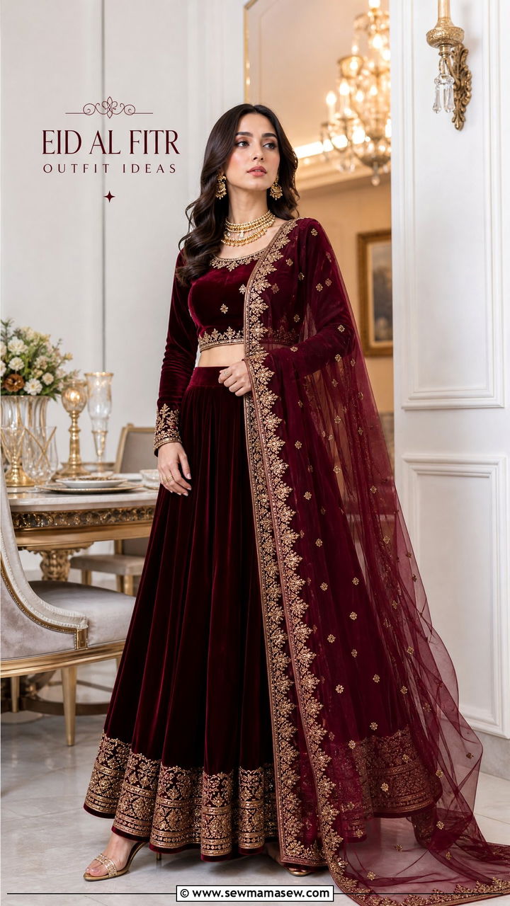 Velvet Lehenga Set for Evening Celebrations - 30 Eid al Fitr outfit ideas