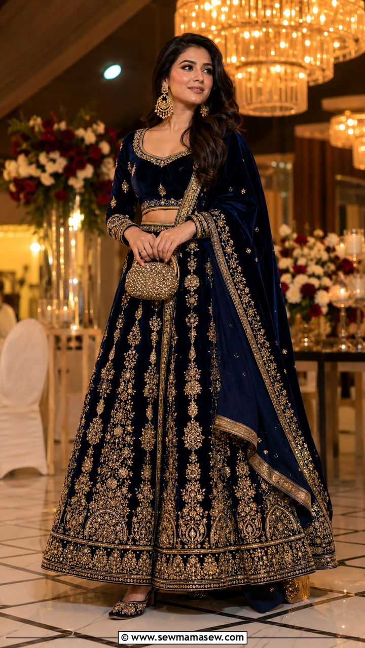Velvet Lehenga With Zardozi Embroidery - 20 Wedding guest outfit ideas Barat ceremony