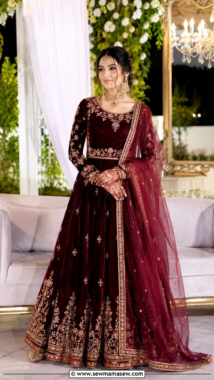 Velvet Lehenga with Full Sleeve Blouse - 20 Modest outfit ideas for Henna night