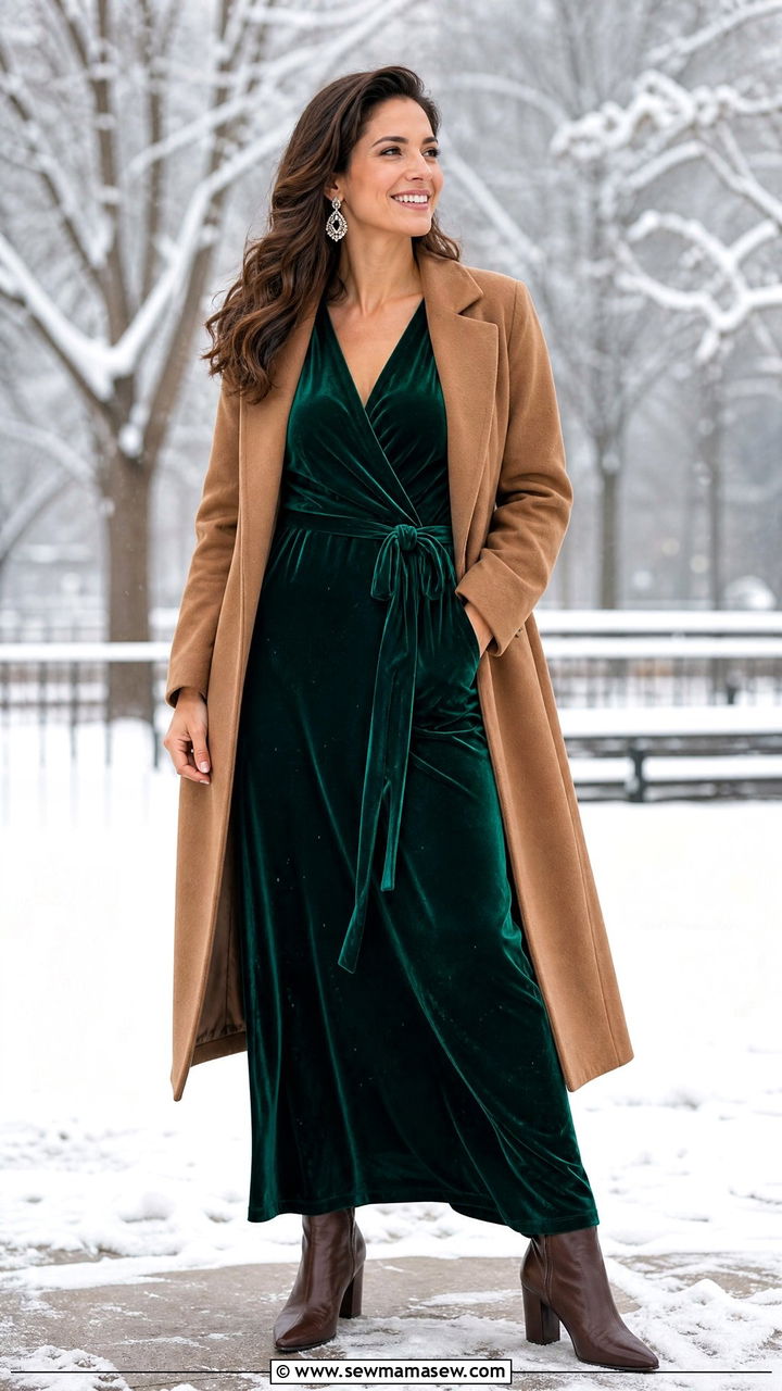 Velvet Maxi Dress And Wool Coat Winter Engagement Outfit - 30 Engagement session outfit ideas