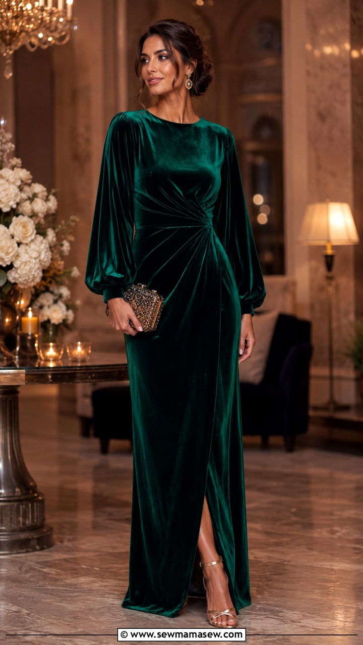 Velvet Maxi Dress With Bishop Sleeves And Heels - 30 Maxi dress with sleeves outfit ideas