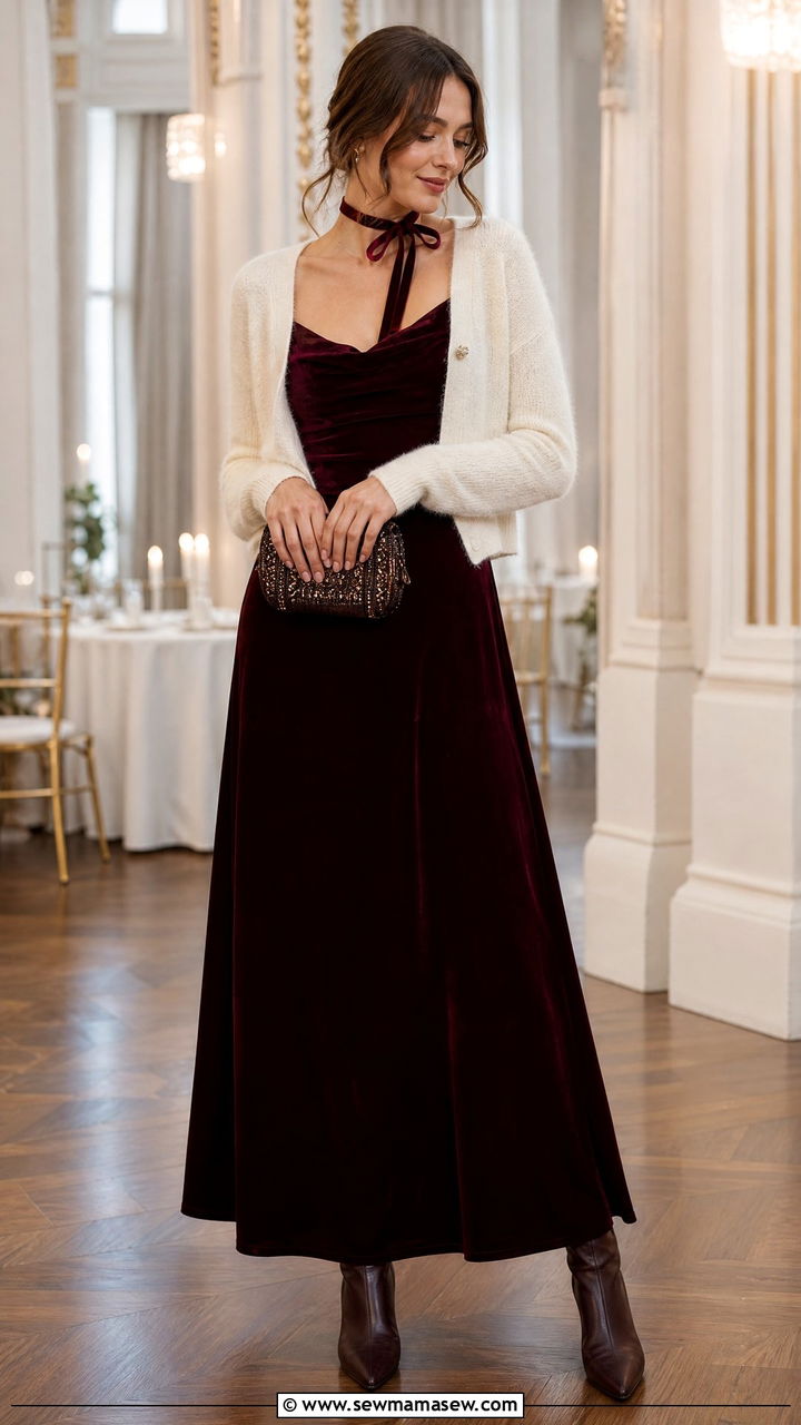 Velvet Maxi Dress With Cropped Cardigan And Ankle Boots - 25 poetcore outfits inspo