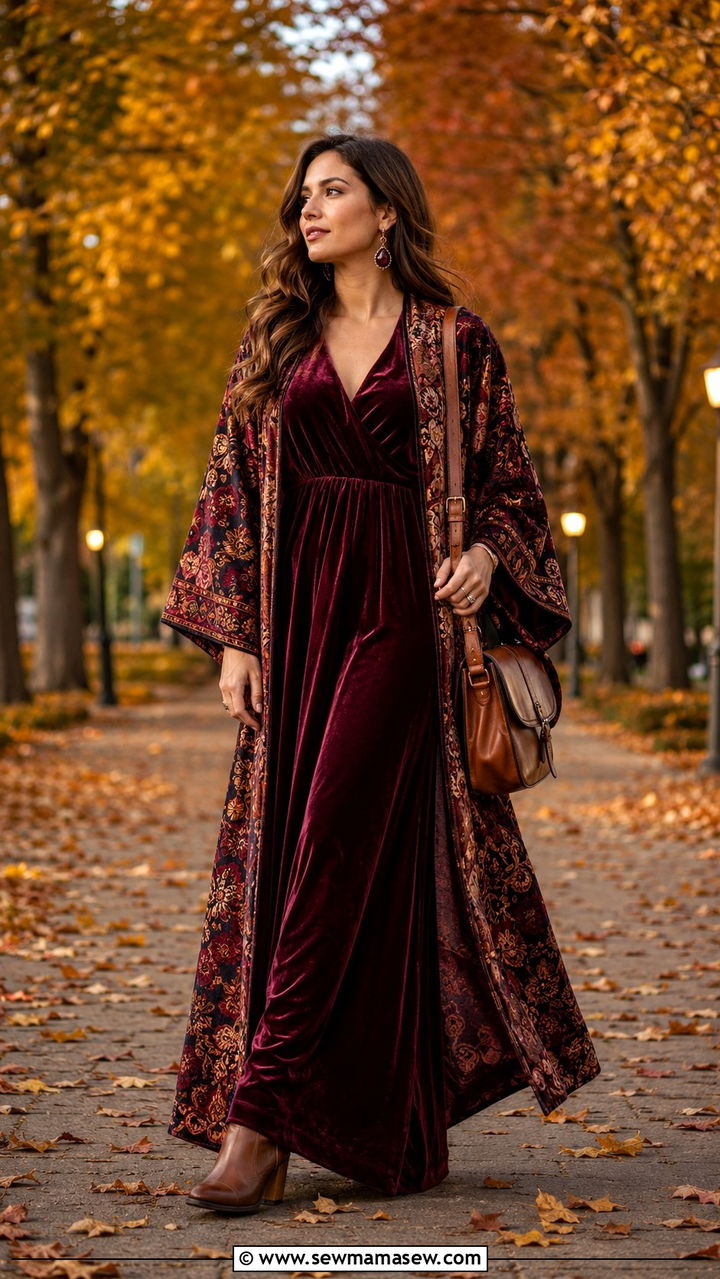 Velvet Maxi Dress With Kimono For Fall - 30 Maxi dress with a kimono outfit ideas
