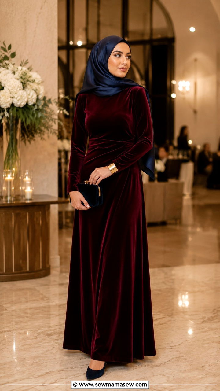 Velvet Maxi Dress With Long Sleeves - 30 Modest wedding guest outfit ideas for Muslim women