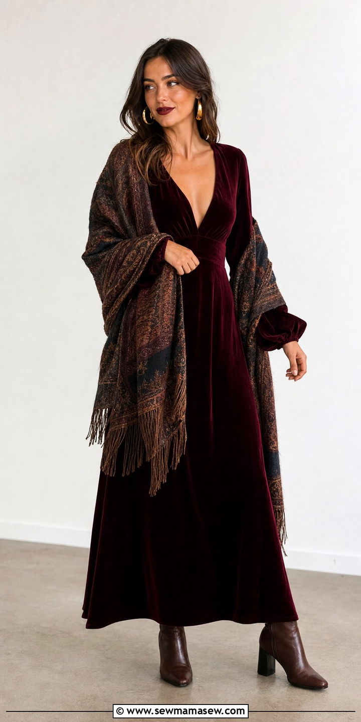 Velvet Maxi Dress with Heeled Leather Boots - 35 Boho wedding guest outfits