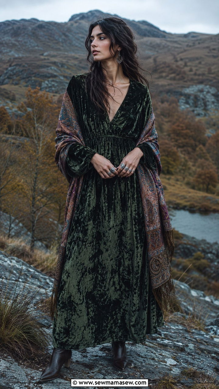 Velvet Maxi Dress with Silver Rings - 25 Boho outfit ideas with silver rings