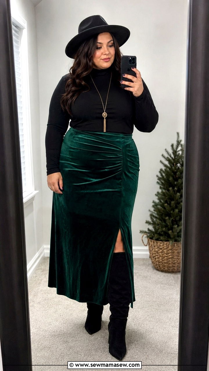 Velvet Maxi Skirt With Fitted Turtleneck - 25 Plus size outfit ideas boho