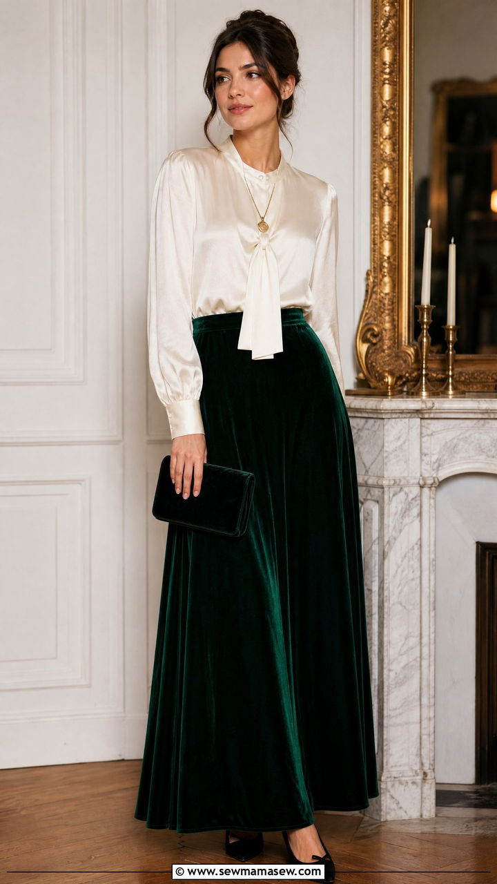 Velvet Maxi Skirt With Silk Blouse And Pointed Toe Flats - 35 maxi skirt outfits aesthetic