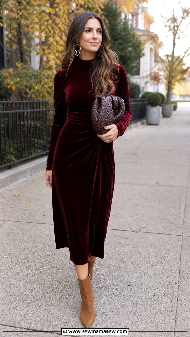 Velvet Midi Dress With Ankle Boots And Oversized Clutch - 40 Casual wedding guest outfits