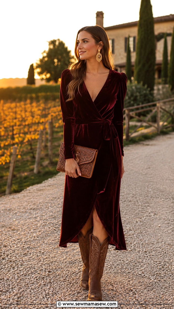 Velvet Midi Dress With Cowboy Boots - 30 Midi dress with cowboy boots outfit ideas