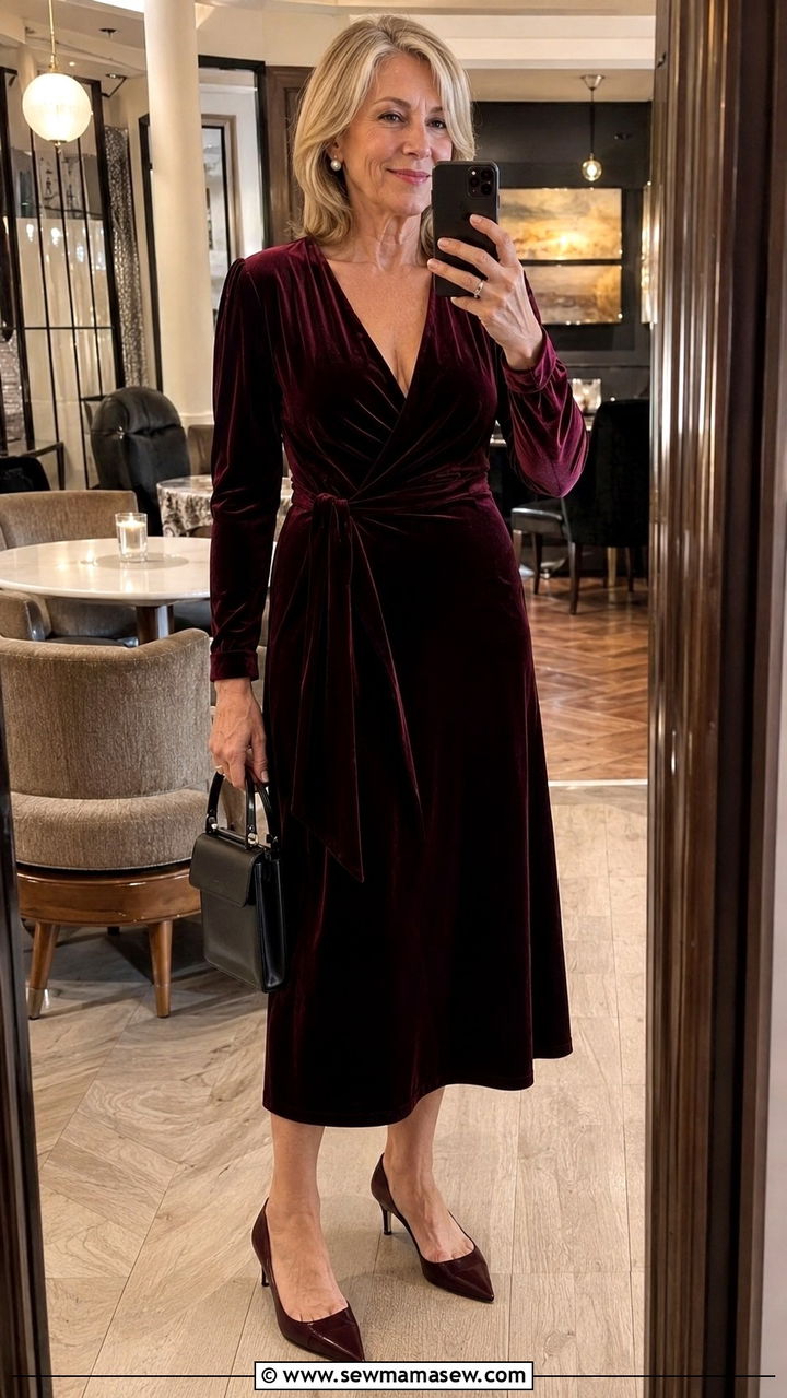 Velvet Midi Dress With Kitten Heels - 30 Night out outfit ideas women over 60