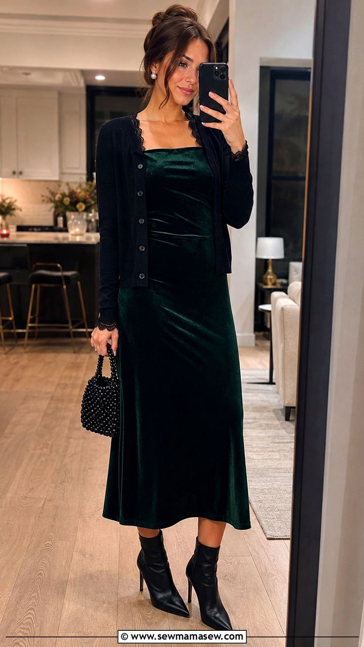 Velvet Midi Dress with Lace Trim Cardigan - 30 Midi dress with cardigan outfit ideas
