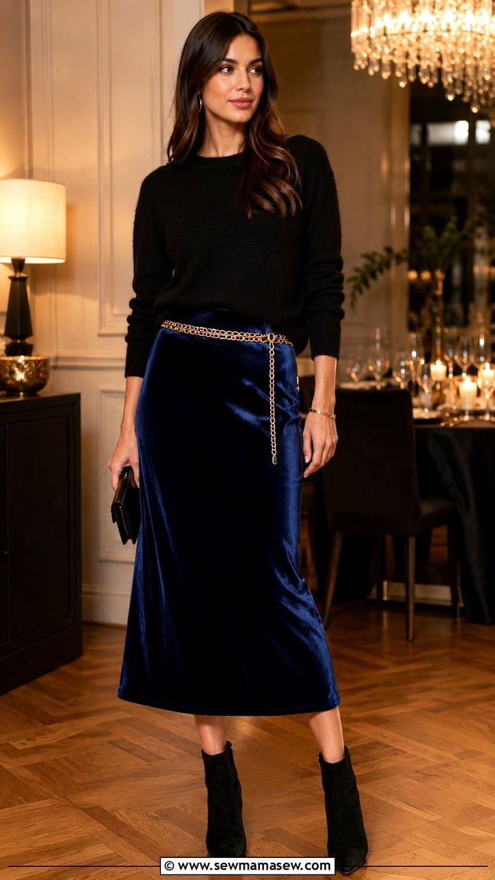 Velvet Midi Skirt and Fitted Cashmere Sweater Outfit - 30 Retro outfit ideas 2026
