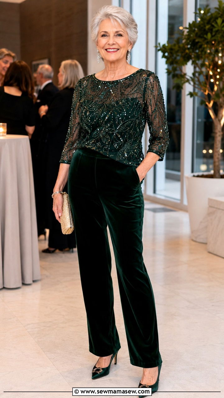 Velvet Pants With Embellished Top - 30 Party outfits for women over 60