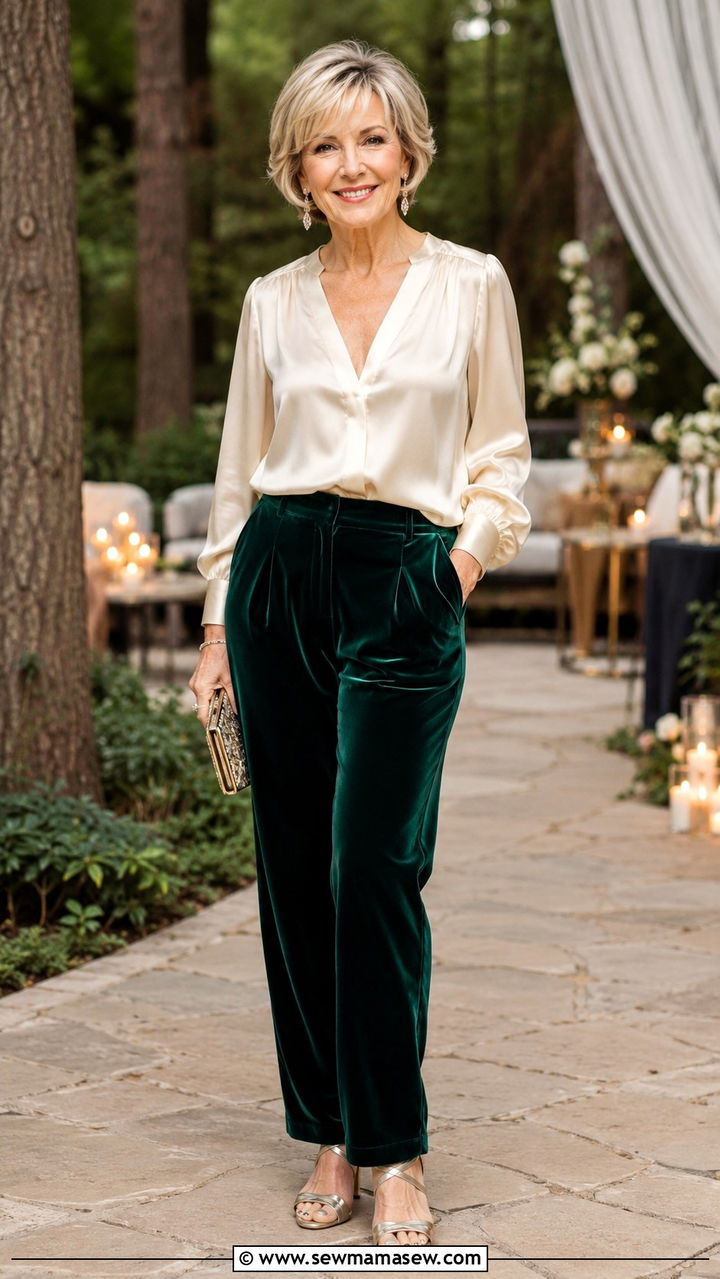 Velvet Pants With a Silk Blouse and Heeled Sandals - 30 Petite outfits for women over 50