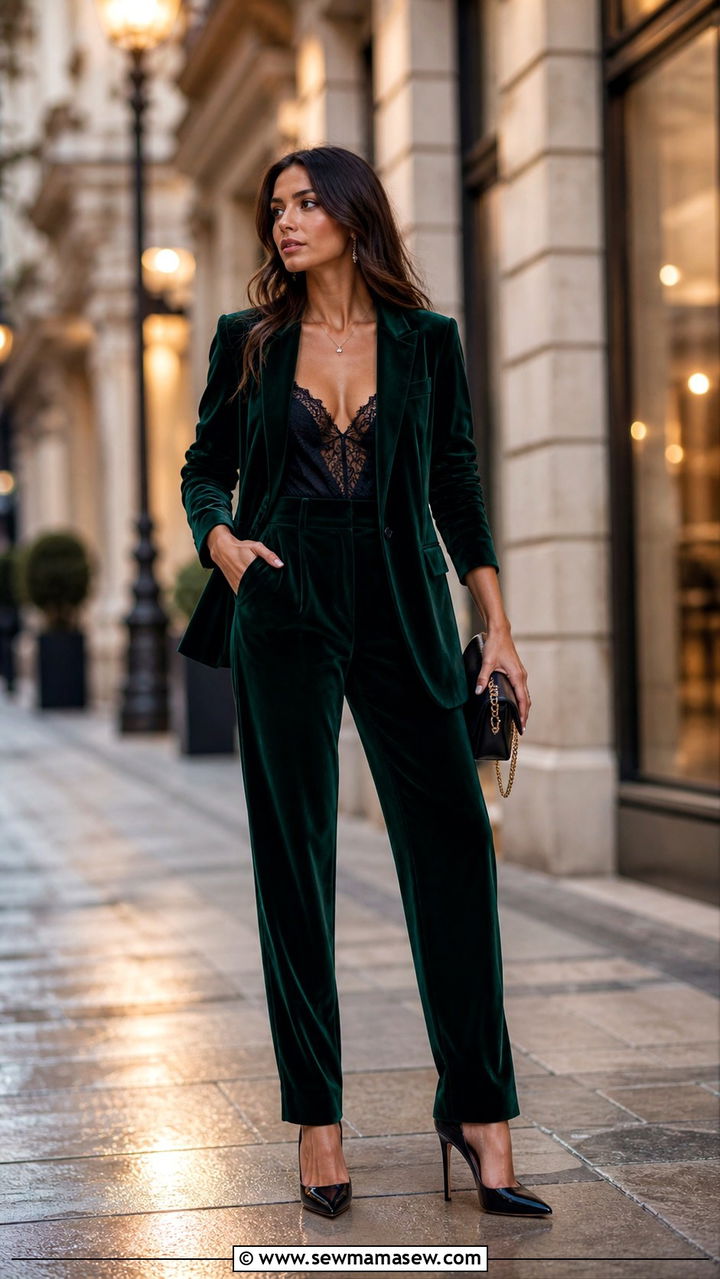 Velvet Pantsuit For Prom With Lace Camisole And Pointed Toe Heels - 40 Prom outfit ideas