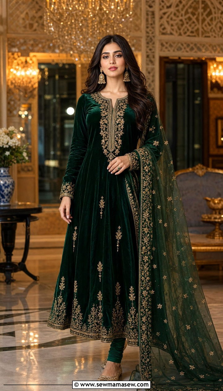Velvet Pishwas with Churidar and Net Dupatta - 25 Eid outfit ideas Pakistani
