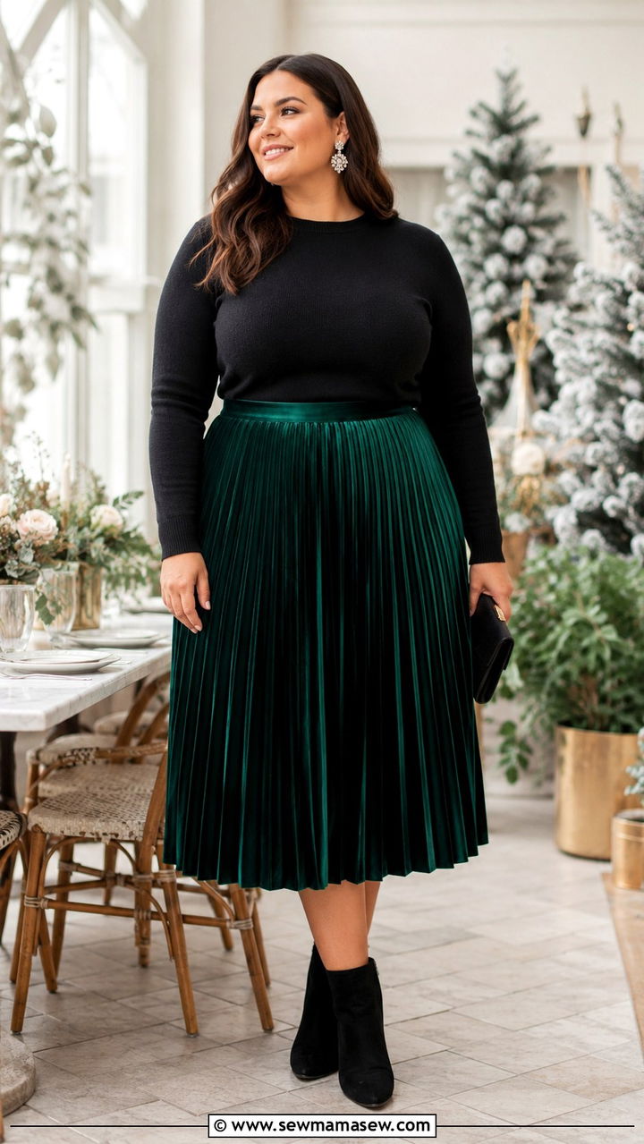Velvet Pleated Midi Skirt with Fitted Black Sweater and Ankle Boots - 30 plus size brunch outfit ideas