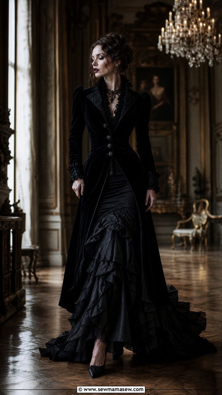 Velvet Regency Coat With Ruffled Mermaid Skirt - 30 Dark romance outfit ideas