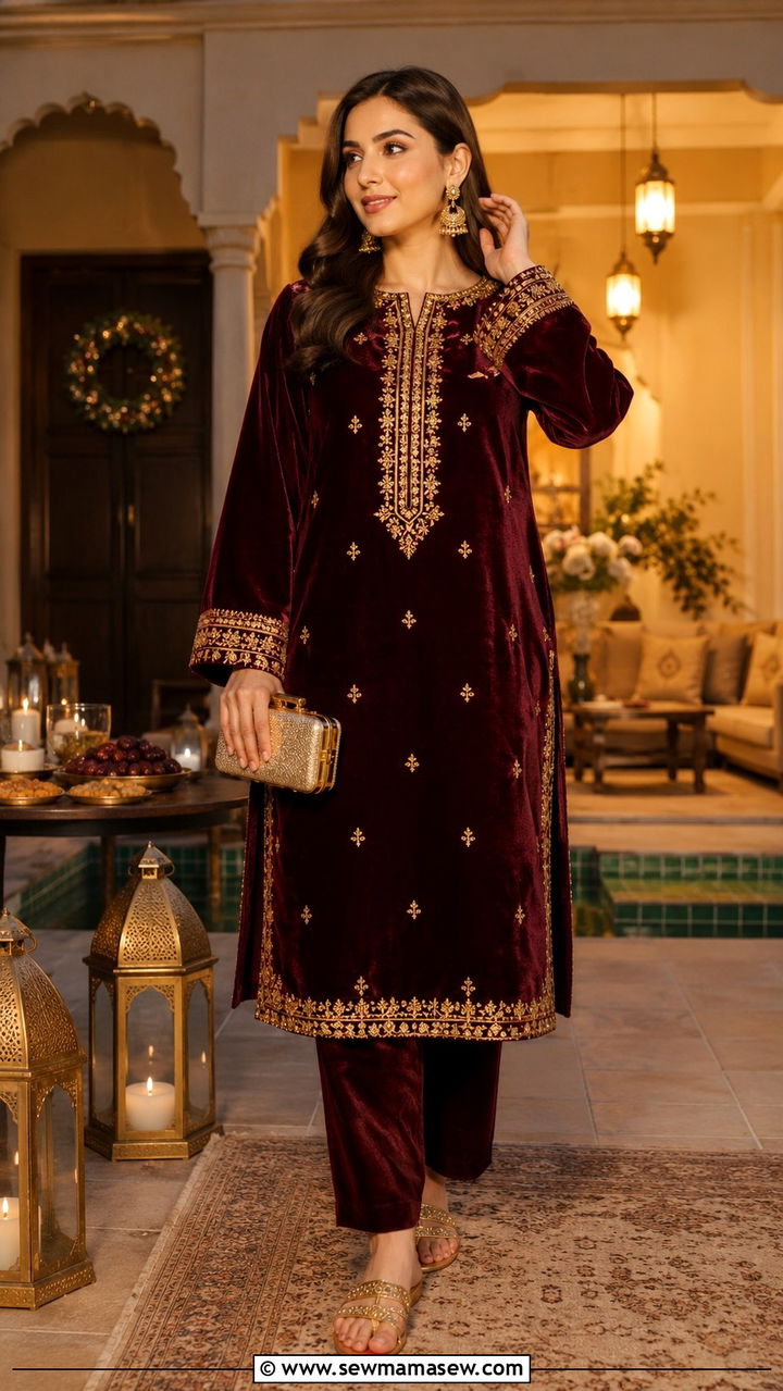 Velvet Salwar Suit with Gold Accents - 20 Modest outfit ideas for iftar