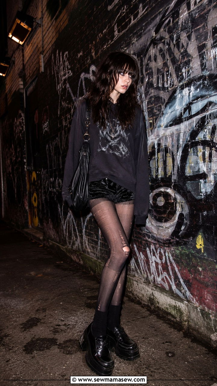 Velvet Shorts With Ripped Tights And Band Hoodie - 20 Indie sleaze outfit ideas for women