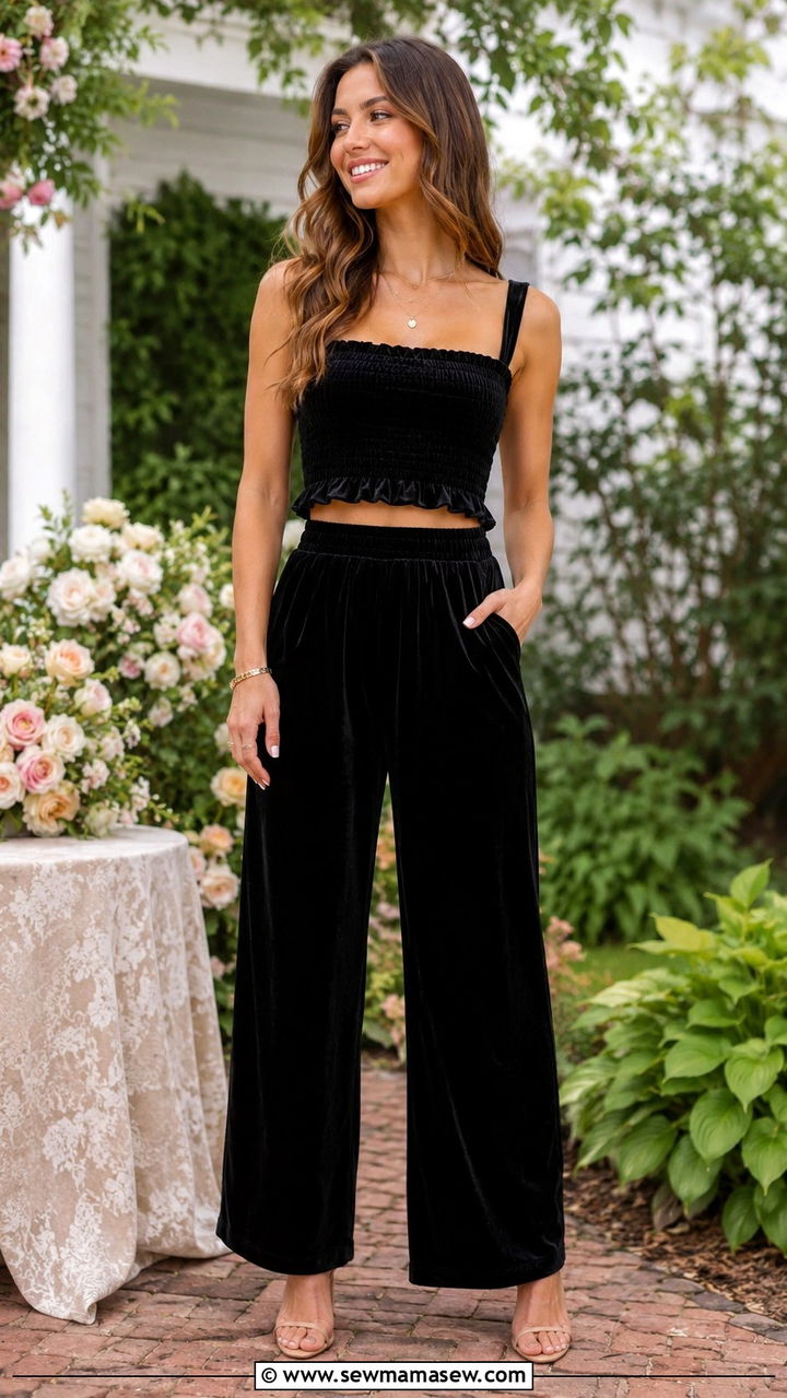 Velvet Smocked Top and Wide Leg Pants - 25 Velvet matching set outfit ideas