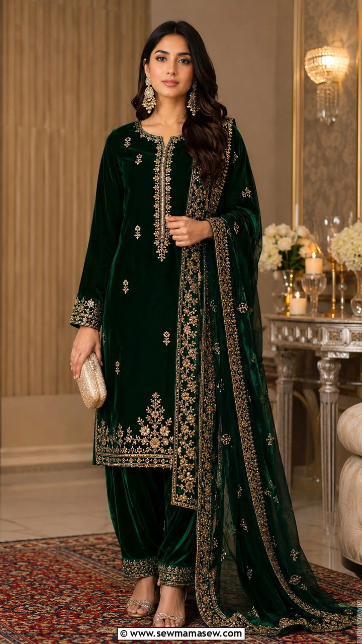 Velvet Suit with Embellished Heels - 30 Karachi outfit ideas