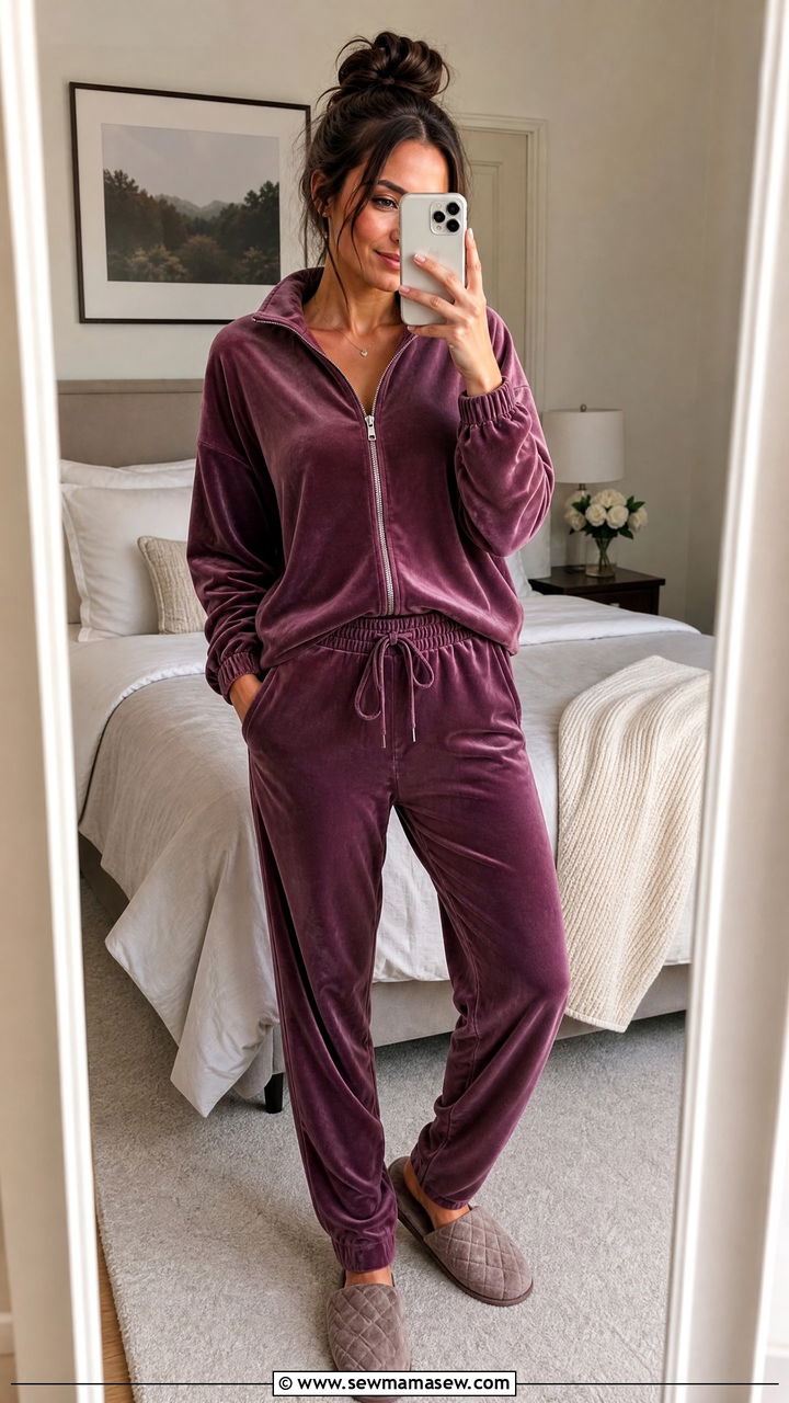 Velvet Track Suit With Slip On Scuffs - 35 Hygge outfit ideas