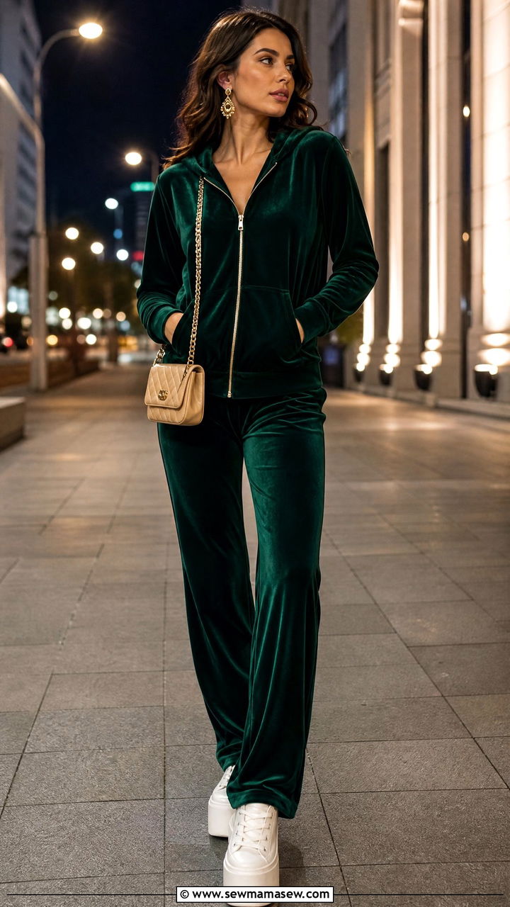 Velvet Tracksuit with Platform Sneakers - 30 Luxury loungewear outfit ideas