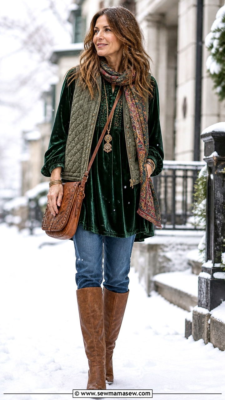 Velvet Tunic with Quilted Vest and Boots - 40 Bohemian outfit ideas