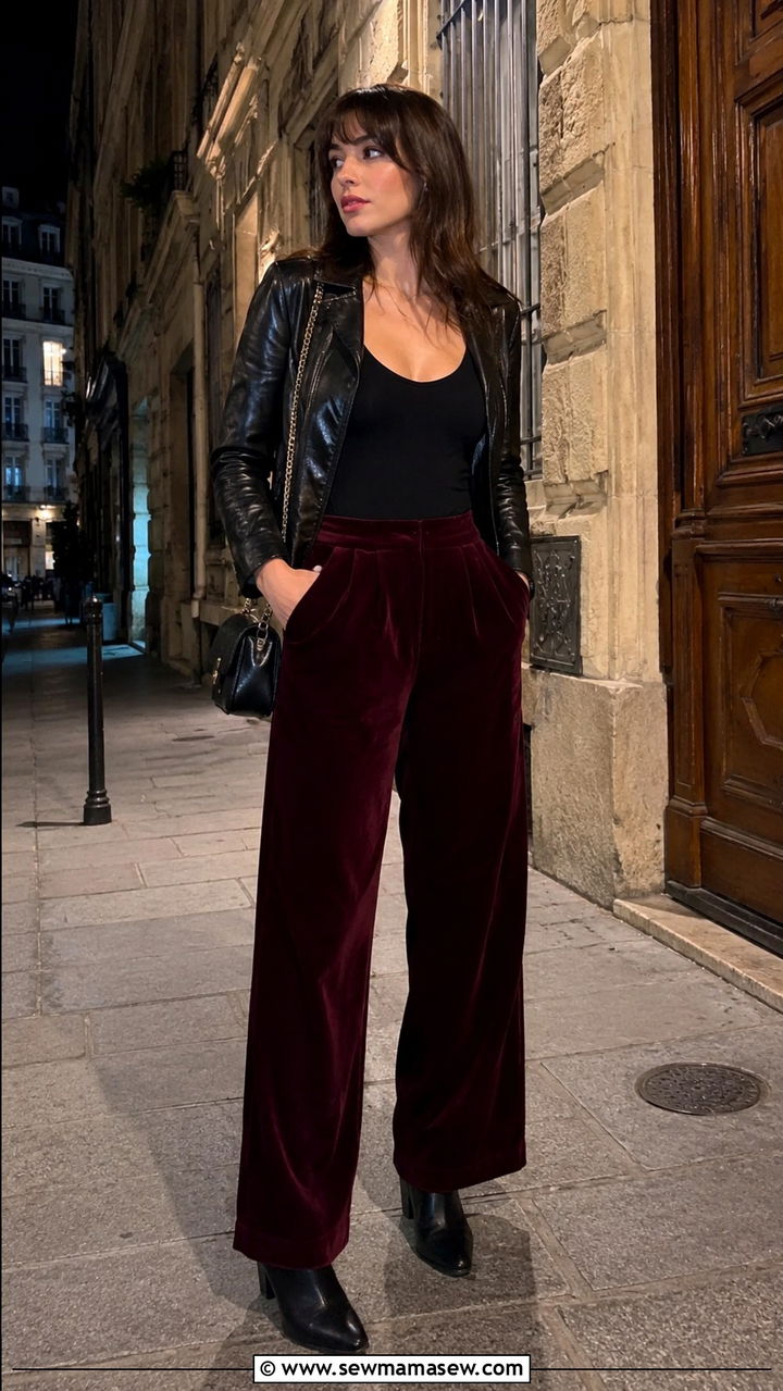 Velvet Wide Leg Pants With a Bodysuit and Leather Jacket - 30 Jeanne Damas outfit ideas